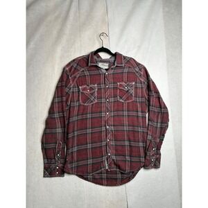 BKE Vintage Mens XL Red Black Plaid Western Pearl Snap Shirt Athletic Fit